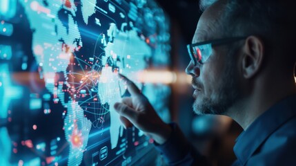 Leader presenting a winning strategy on a holographic display in a tech-savvy office. Tech, High-Resolution, Neon, High Contrast