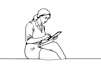 Businesswoman with Laptop Black Sketch Silhouette Vector Illustration. Woman Working Linear Illustration. Woman in Office Line Abstract Portrait. Minimalist Contour Drawing. Vector EPS 10