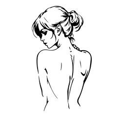 Elegant Female Silhouette Abstract Line Art Drawing. Woman Back Fashion Style Black Sketch Isolated on White Background. Female Figure Abstract Minimalist Silhouette. Vector EPS 10