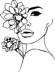 Female Face with Flowers Line Art Vector Illustration. Sketch Black Silhouette of Woman Floral Head on White Background. Woman Portrait Linear Illustration for Modern Design