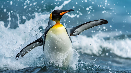Fototapeta premium A Big King penguin going to blue water,experience the thrill of watching a penguin running penguin jumps out of the blue water while swimming through the ocean ,