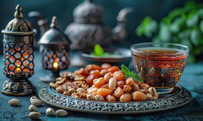 ramadan kareem concept flat lay tray of dates fruit wooden lantern in form of mosque nuts cup of tea on dark blue background.