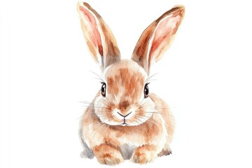 Obraz premium A cute bunny sits peacefully against a white background, showcasing its soft fur and inquisitive expression in watercolor
