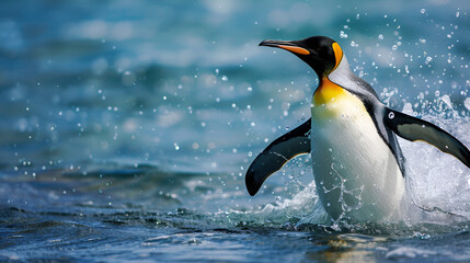 Obraz premium A Big King penguin going to blue water,experience the thrill of watching a penguin running penguin jumps out of the blue water while swimming through the ocean ,