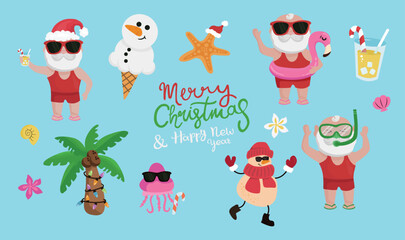 Summer Christmas elements. Christmas on the beach with Santa. 