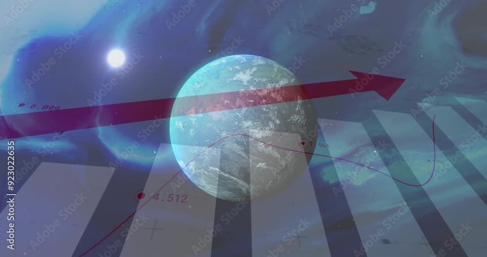 Poster rising arrow and data chart animation over earth and space background