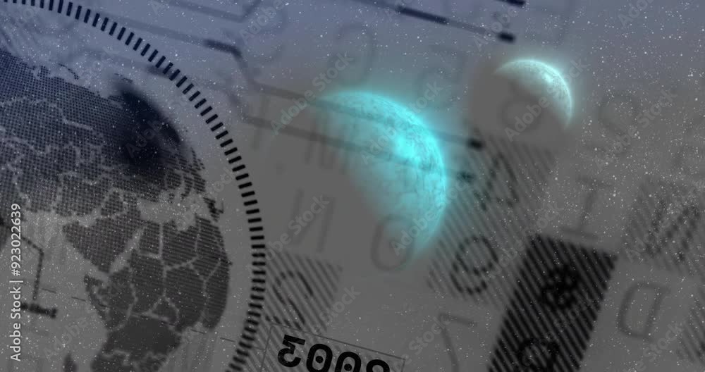 Poster digital data processing animation over celestial bodies and abstract background