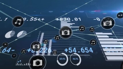 Animated icons of music, camera, and data percentages over digital network background - Powered by Adobe