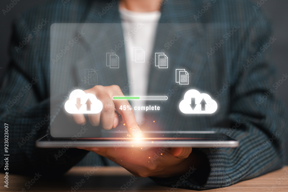 Poster a person interacts with a digital interface showing file transfer progress and cloud storage icons, 