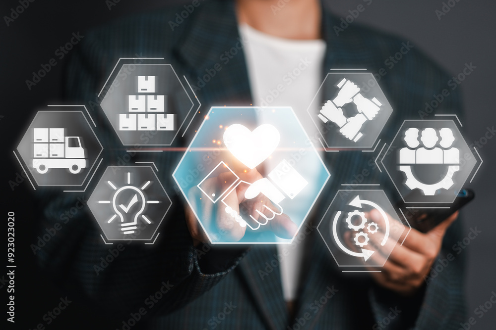 Poster a business professional interacts with digital icons representing supplier relationship management c