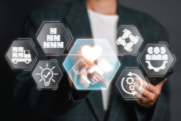 A business professional interacts with digital icons representing supplier relationship management...