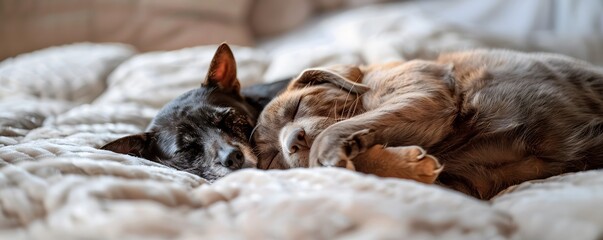Two Dogs Sleeping Together on a Bed