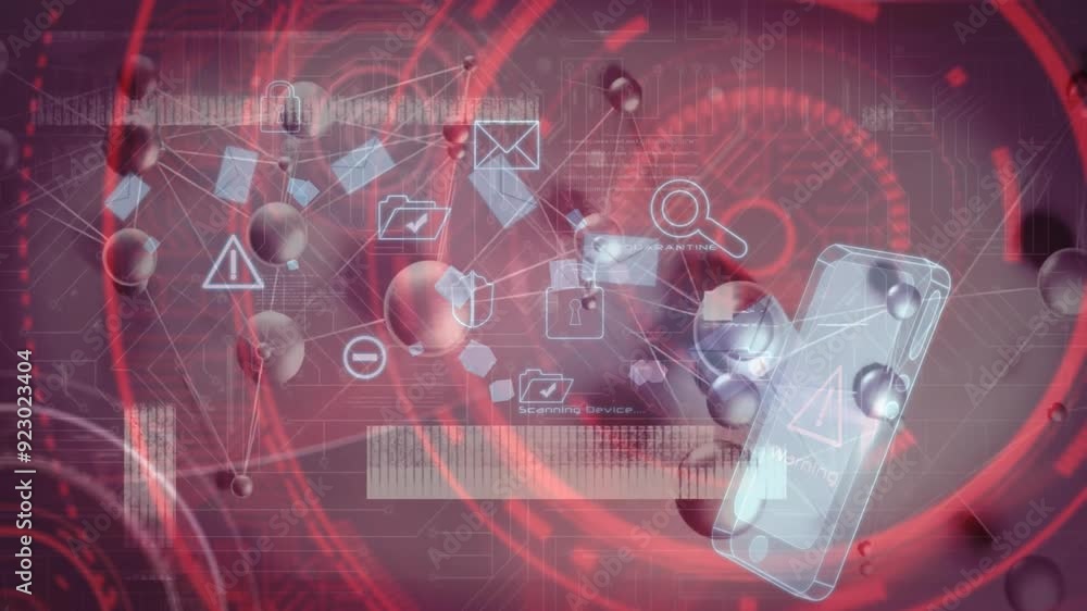 Poster digital security icons and smartphone warning animation over red network background