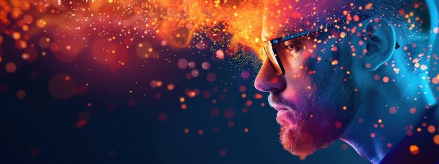 Fototapeta premium Man, double exposure, holographic encryption technology, dark background, vibrant colors