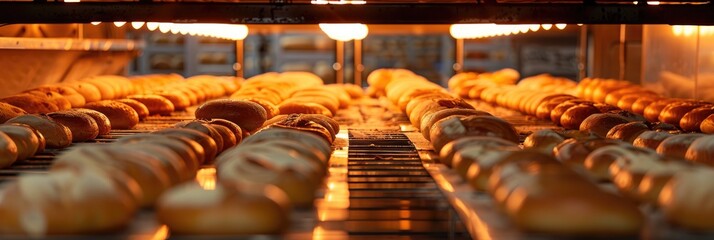Obraz premium Breads being baked in a heated oven on an automated production line.
