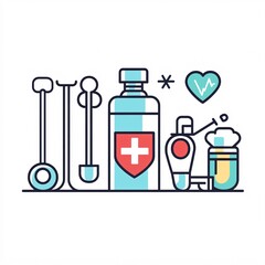 Obraz premium 240805 131. A simple vector icon illustration depicting the group of medical equipment with healthcare symbols at center for a website isolated white background