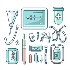 240805 132. A simple vector icon illustration depicting the group of healthcare tools with diagnostic devices at center for a website isolated white background