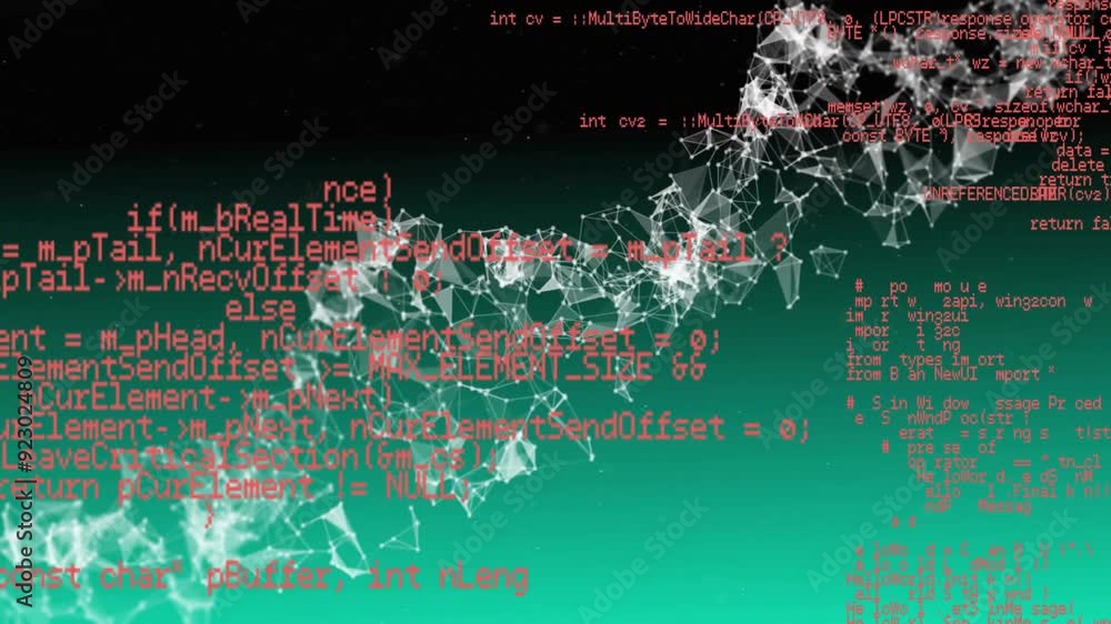 Poster code snippets and network connections animation over green and black background