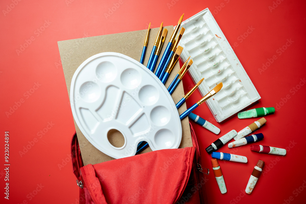 Poster a backpack with a white palette and a set of brushes is on a red background