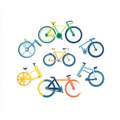 Obraz premium 240805 138. A simple vector icon illustration depicting the group of bicycle types with eco-friendly commuting elements at center for a website isolated white background