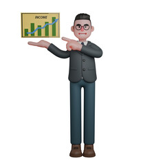 Male Teacher Illustration in 3D. A man in formal attire is presenting a board displaying an income growth chart. Professional