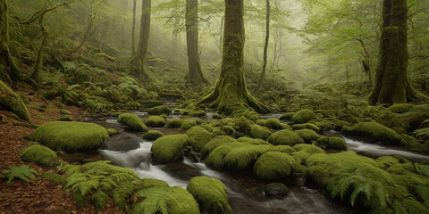 Tranquil mossy stream flowing through a lush forest.