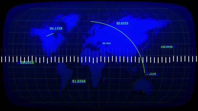 Global stock market data animation over world map with candlestick chart