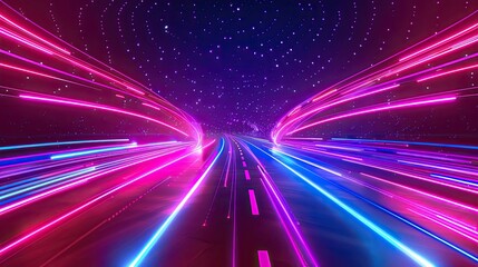 Obraz premium Abstract background of colorful light trails on dark blue and red colors with a speed effect for design, banner or poster. Vector illustration,