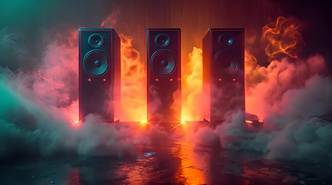 Audio speakers surrounded by red, purple, and blue smoke.
