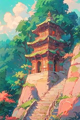 Obraz premium Sunset Over Temple on Rocky Mountain Path. Anime Art Style