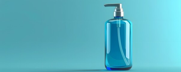 Blue Plastic Bottle with Pump Dispenser on Light Blue Background