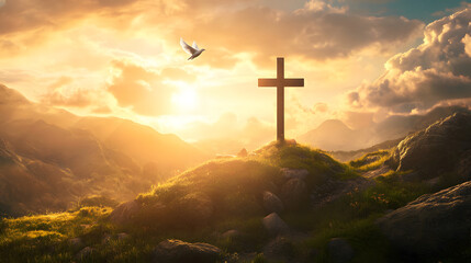 Fototapeta premium an empty cross standing on a hill, bright warm light streaming past, centered, white dove flying