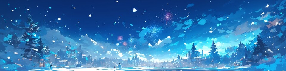 Naklejka premium Enchanting Anime-Style Winter Wonderland: Magical 4K Illustration of Snowy Landscape with Penguins and Fireworks. Dreamy Scenery for Creative Marketing, Seasonal Artwork, and Captivating Aesthetic Wal