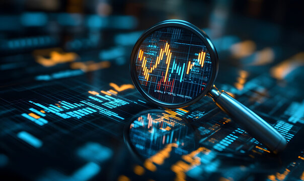 Businessman analyzing financial data with a magnifying glass on white paper, with graphs and charts showing market trends. A stock candlestick chart is visible in the background.