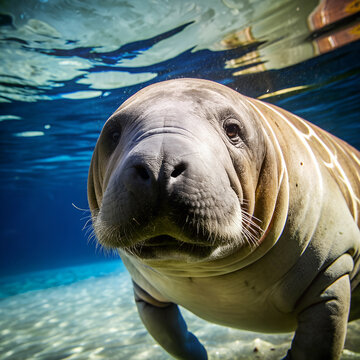 Close-up of a diving manate