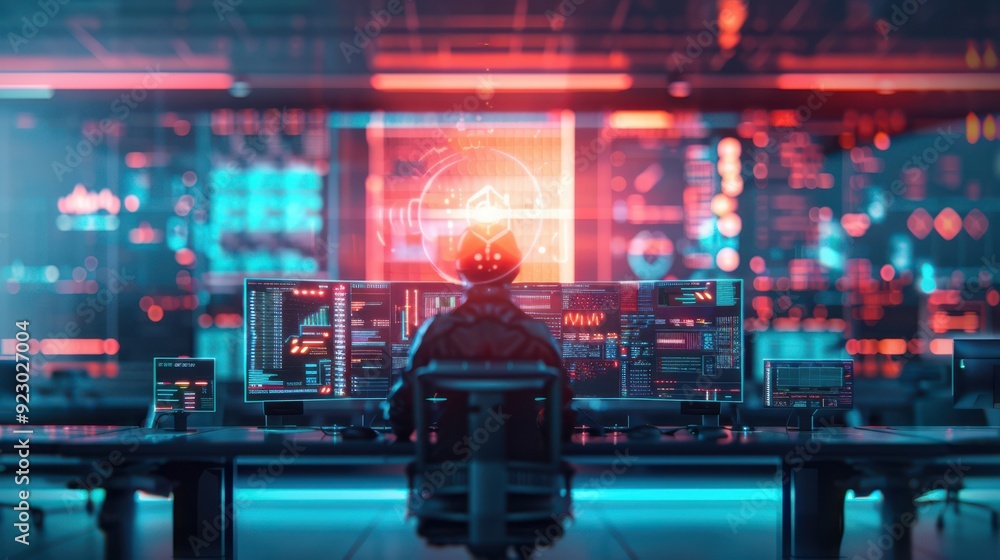 Poster office scene with a team working on a floating holographic interface, showing innovation. futuristic