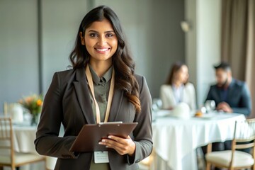 An Indian event coordinator organizing or planning a marketing event, often shown with event materials or in a venue setting.
