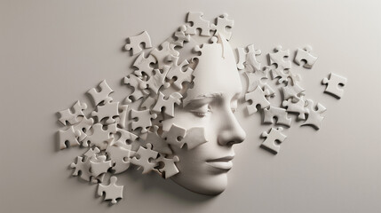 Human face made of puzzle pieces, symbolizing mental health, psychology, and self-discovery with scattered pieces in neutral tones