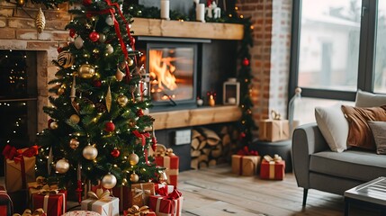 Obraz premium Christmas tree near fireplace in living room in decor