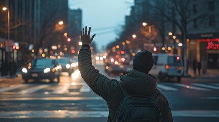 Obraz premium Man Hails a Taxi on a Busy City Street