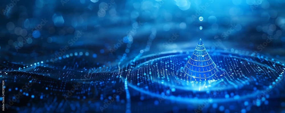 Poster abstract 3d illustration of a blue digital pyramid with binary code