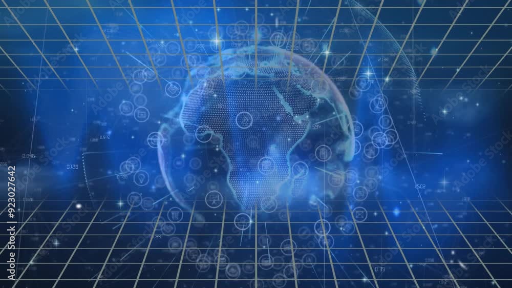 Poster animating digital globe with network connections and data points over grid background