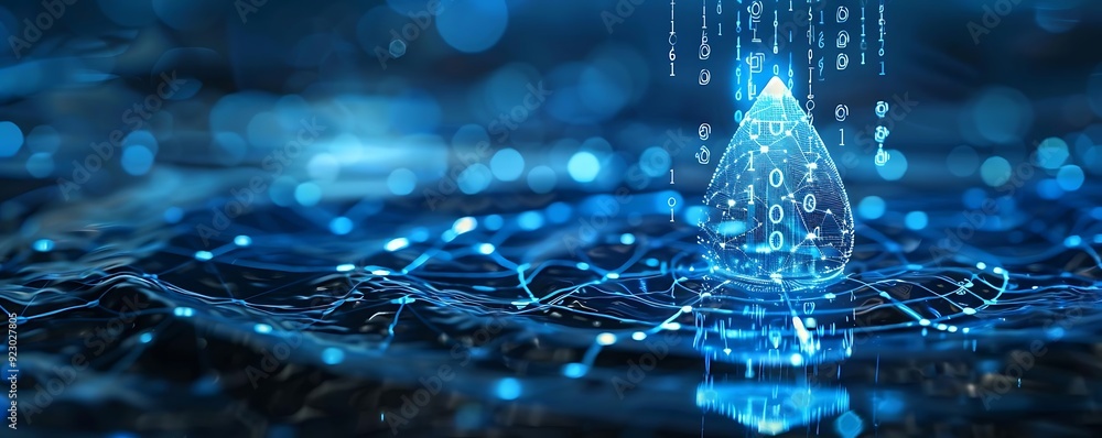 Poster abstract 3d blue water drop with binary code