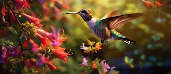 Fototapeta premium Hummingbird in Flight Amongst Red and Pink Flowers