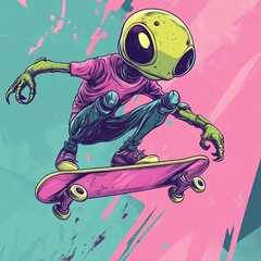 Alien on skateboarding. An alien humanoid jumping on a skateboard. Comic book style illustration. AI generated.	