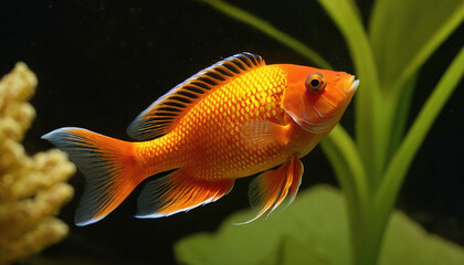 A vibrant orange fish swims gracefully through a green aquatic environment.