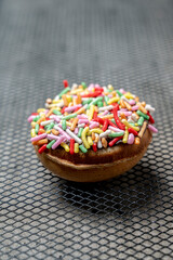 A colorful mini donut with sprinkles on top