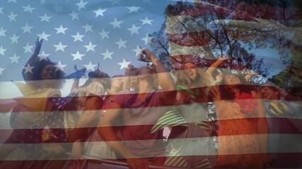 American flag animation over diverse group of people celebrating outdoors