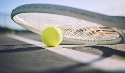 Sports, tennis and ball with racket on court for tournament match, game and competition. Background, floor and closeup of equipment for fitness, exercise and training for practice, event or challenge