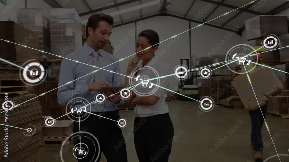 Aufkleber discussing inventory, warehouse workers with network and logistics animation in background